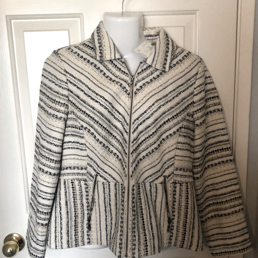 NWT Chicos Size 1 Blue, Cream and White Jacket Casual or Business